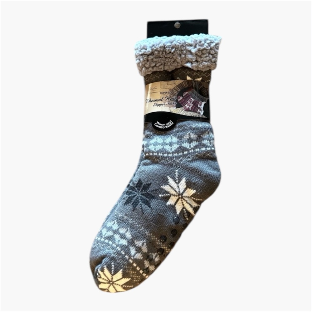 Fashion by Mirabeau Grey Thermal Knit Slipper Socks Women’s OS Sherpa Fleece
